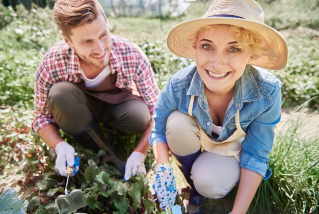 Beaux jeunes prenant soin de leur jardin