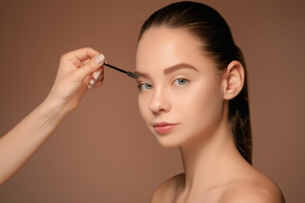 Beaux yeux féminins avec maquillage et pinceau