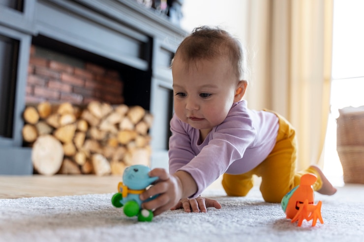 Photo gratuit un bébé adorable jouant avec un jouet à la maison sur le sol.