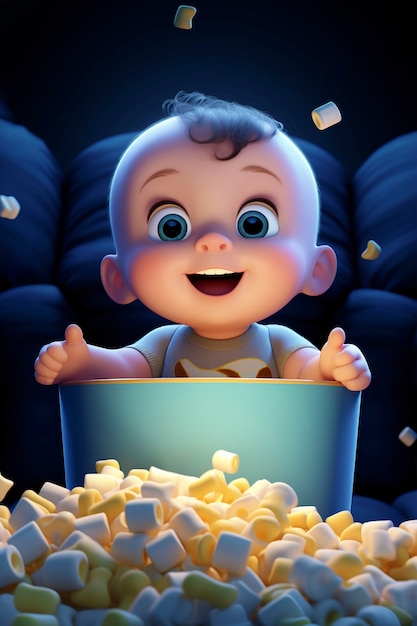 Photo gratuite un bébé adorable regardant un film au cinéma avec du pop-corn.