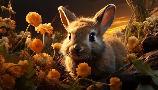 Photo gratuite bébé lapin moelleux assis dans l'herbe profitant du printemps généré par l'intelligence artificielle