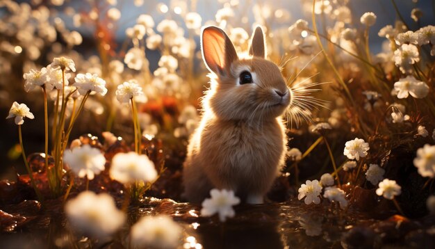 Bébé lapin moelleux assis dans un pré, profitant de la beauté de la nature générée par l'intelligence artificielle