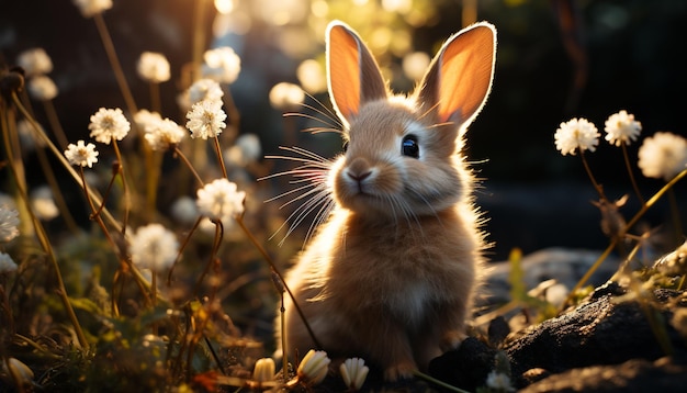 Bébé lapin moelleux assis dans un pré vert profitant de la beauté de la nature générée par l'intelligence artificielle