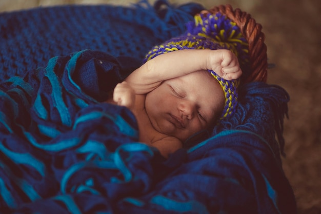 Le bébé nouveau-né incroyable et doux dort dans le panier