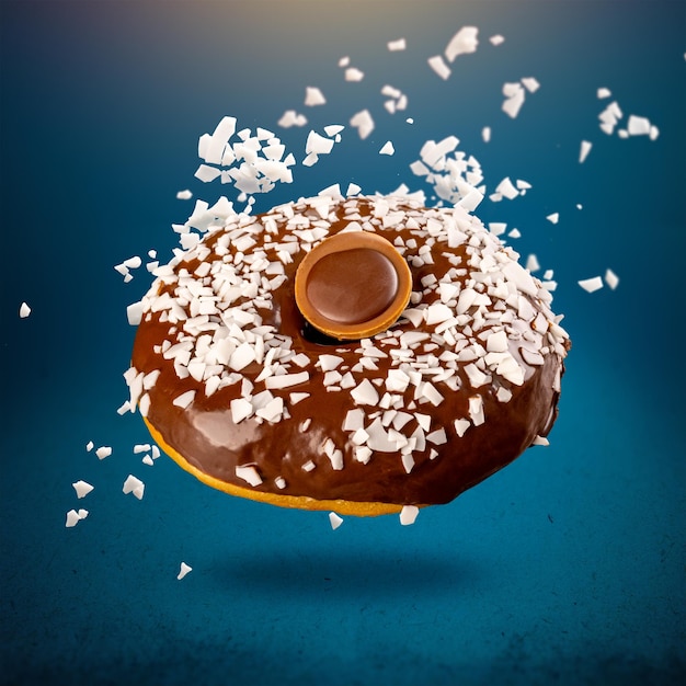 Beignet au chocolat avec des flocons de noix de coco volant dans les airs sur un bleu