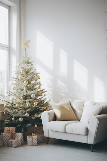 Bel sapin de Noël avec canapé