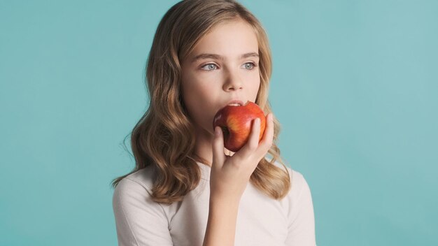 Belle adolescente blonde aux cheveux ondulés mangeant de délicieuses pommes isolées sur fond coloré Temps de collation