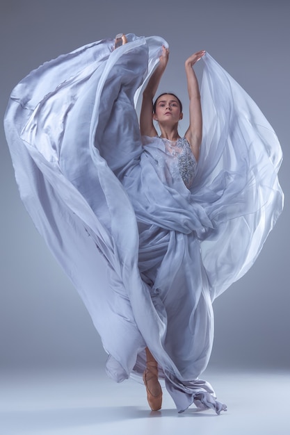 La belle ballerine dansant en robe longue lilas sur lilas