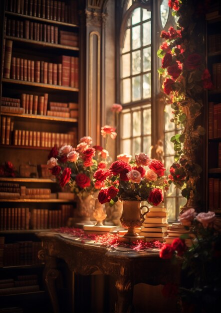 Belle bibliothèque avec des roses