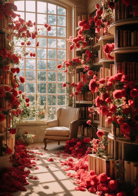 Belle bibliothèque avec des roses