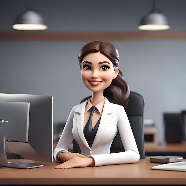 Belle femme d'affaires assise à son bureau dans un bureau rendu 3D
