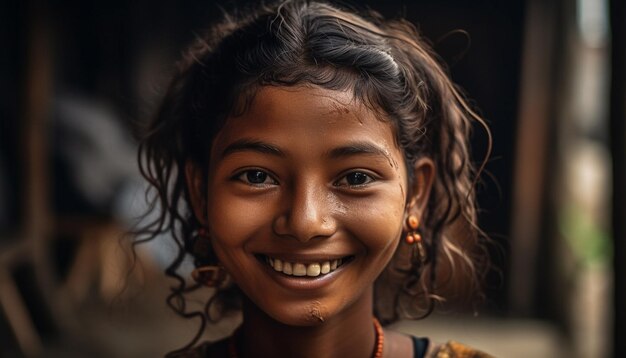 Belle femme aux cheveux bruns bouclés souriant joyeusement généré par l'IA