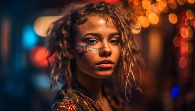 Photo gratuite belle femme aux cheveux bruns bouclés souriant en toute confiance générée par l'ia