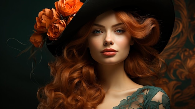 Photo gratuite belle femme aux cheveux roux et un chapeau vert idée pour une affiche dans le style art nouveau
