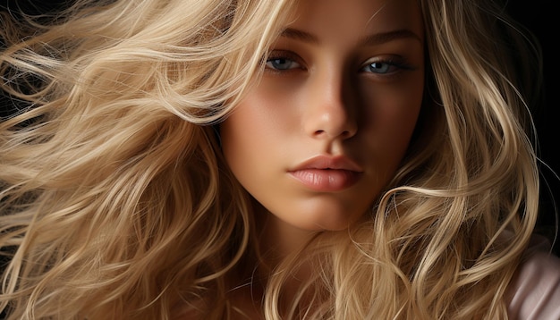 Photo gratuite une belle femme blonde aux longs cheveux bouclés déborde de confiance et de sensualité générées par l'intelligence artificielle.