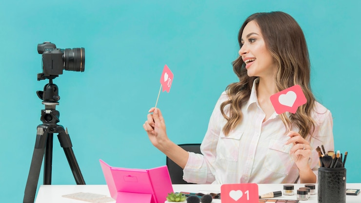 Photo gratuit belle femme heureuse d'enregistrer une vidéo