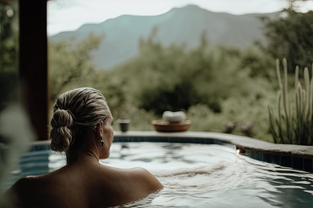 Photo gratuite belle femme par derrière se relaxant dans un jacuzzi ai générative