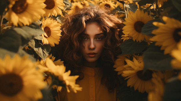 Photo gratuite une belle femme posant avec du tournesol