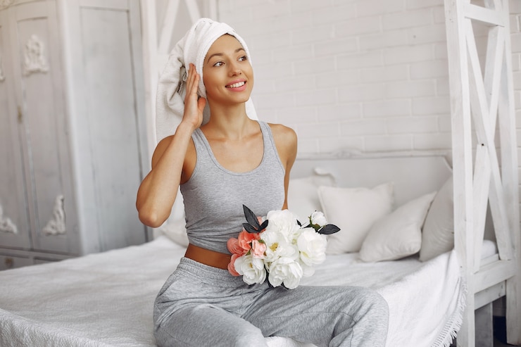 Photo gratuit belle fille assise à la maison sur un lit