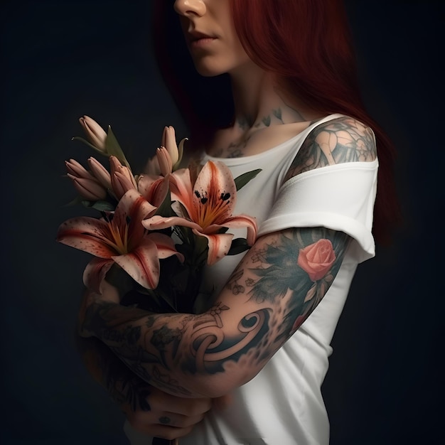 Photo gratuite une belle fille avec un bouquet de lis sur un fond sombre