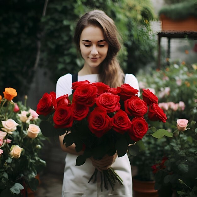 Une belle fille avec un bouquet de roses rouges dans ses mains