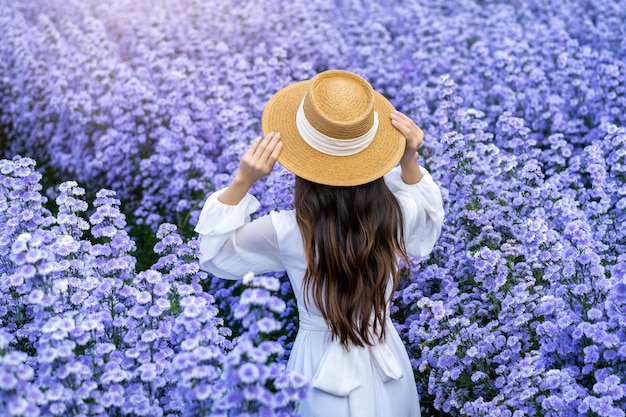 Photo gratuite belle fille en robe blanche marchant dans les champs de fleurs de margaret, chiang mai en thaïlande