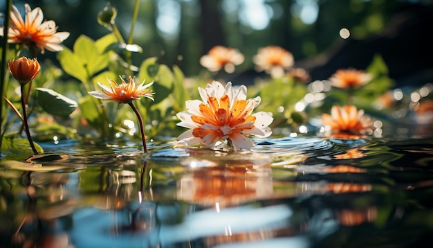 Photo gratuite une belle fleur jaune se reflète dans un étang tranquille généré par l'intelligence artificielle