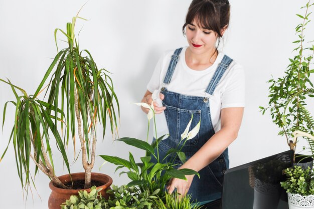 Belle fleuriste femme pulvériser de l&#39;eau sur les plantes en pot dans un magasin de fleurs