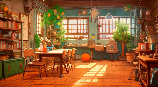 Belle illustration d'une salle de classe avec des tables et des plantes