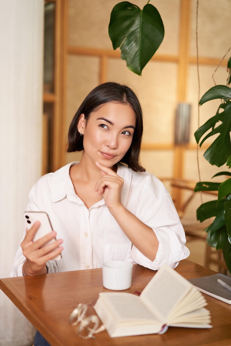 Photo gratuit belle jeune femme ans pensant tenant un smartphone et regardant pensif assis dans un café d