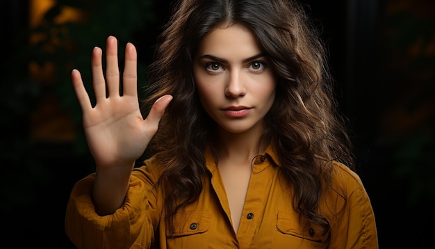 Photo gratuite une belle jeune femme aux cheveux bruns regardant une caméra générée par l'intelligence artificielle