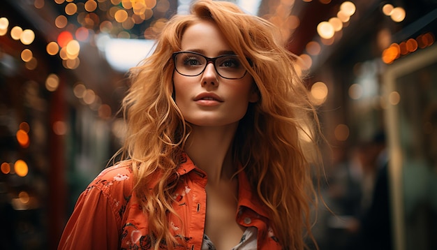 Une belle jeune femme aux longs cheveux blonds et aux lunettes de soleil générées par l'intelligence artificielle