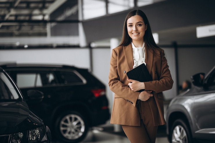 Photo gratuit belle jeune femme choisissant la voiture dans une salle d'exposition de voiture