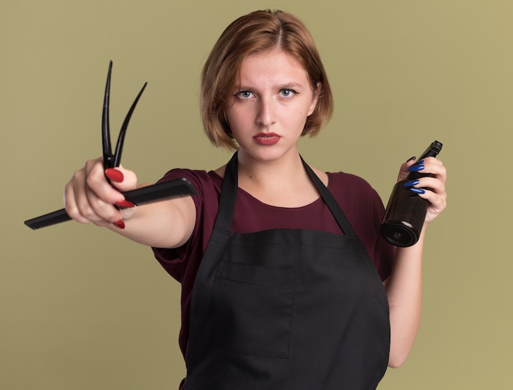 Photo gratuit belle jeune femme coiffeur en tablier tenant un peigne à cheveux et un vaporisateur à l'avant avec un visage sérieux debout sur un mur vert