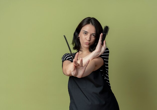 Belle jeune femme coiffeuse en tablier tenant des brosses à cheveux souriant joyeusement avec un visage heureux debout sur un mur léger