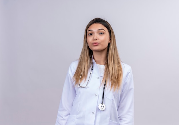 Belle jeune femme médecin portant blouse blanche avec stéthoscope à la recherche avec une expression confiante sérieuse