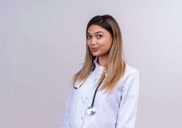 Belle jeune femme médecin portant blouse blanche avec stéthoscope à la recherche avec un sourire confiant sur le visage