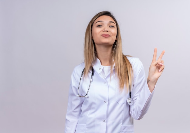 Belle jeune femme médecin portant blouse blanche avec stéthoscope souriant sympathique montrant signe de la victoire