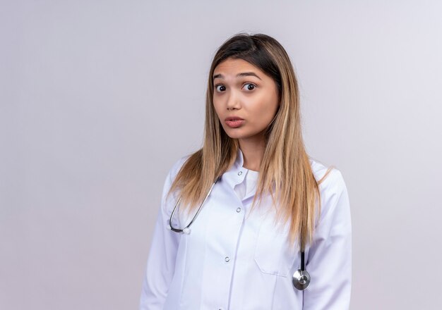 Belle jeune femme médecin portant blouse blanche avec stéthoscope à la surprise et surprise