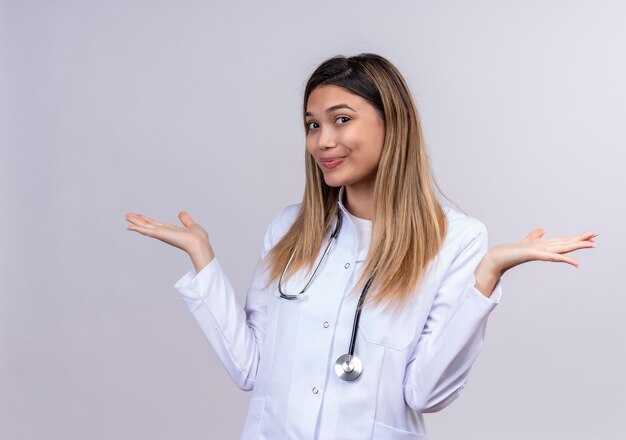 Belle jeune femme médecin vêtu d'un manteau blanc avec stéthoscope à la confusion souriante en haussant les épaules