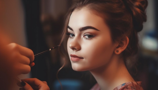 Belle jeune femme qui se maquille à l'intérieur générée par l'IA