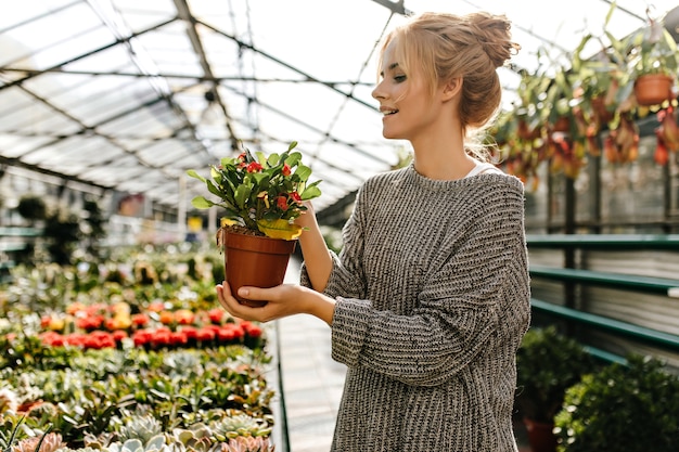 Belle jeune femme en robe tricotée tenant un pot marron avec plante et posant en serre.