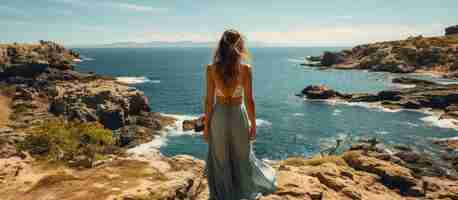 Photo gratuite belle jeune femme vêtue d'une robe longue se tient sur la falaise et regarde la mer
