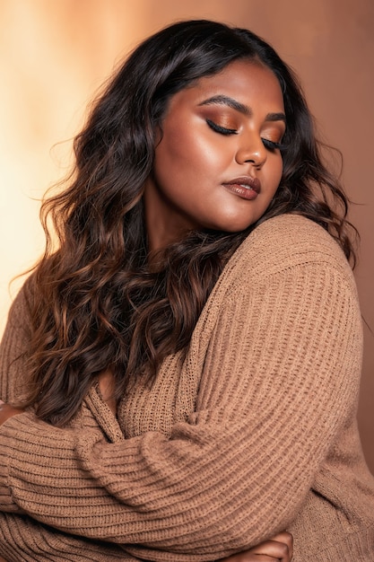 Belle mannequin de taille plus dans un pull brun