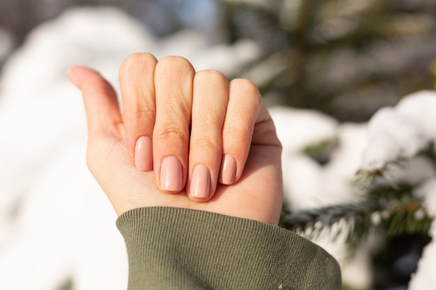 Photo gratuite belle manucure beige nude professionnelle sur une main féminine contre un arbre couvert de neige sur une journée ensoleillée à la lumière naturelle