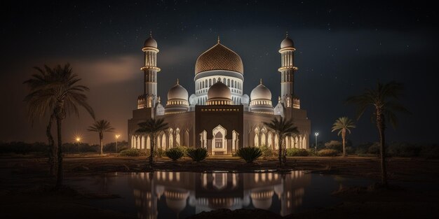 La belle mosquée sereine la nuit du mois béni du ramadan l'ai générative illuminée