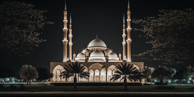 Photo gratuite la belle mosquée sereine la nuit du mois béni du ramadan l'ai générative illuminée