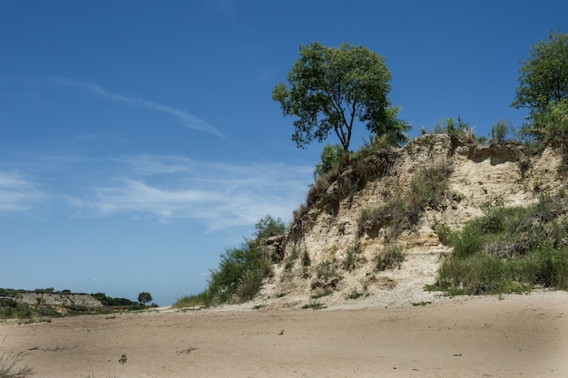 Belle photo d'un bord de mer vide avec une falaise sous un ciel bleu