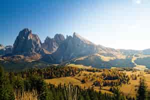 Photo gratuite belle photo de la dolomite avec des montagnes et des arbres sous un ciel bleu en italie