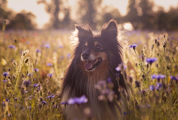 Belle photo d'un Shetland Sheepdog dans un champ plein de fleurs violettes